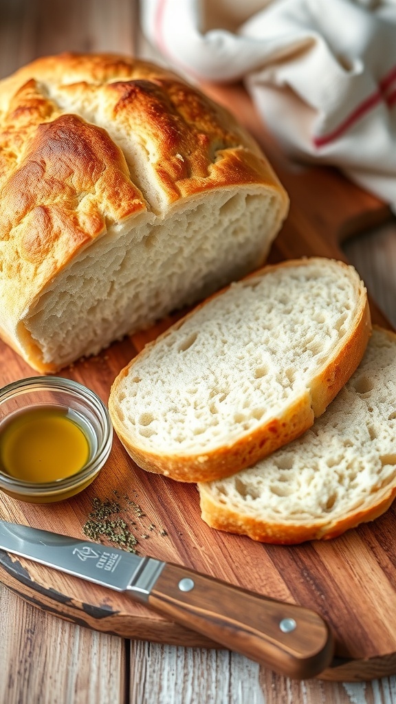 Gluten-Free Tapioca Flour Bread Recipe A golden-brown loaf of gluten-free tapioca flour bread on a cutting board, with slices cut to show its fluffy texture.
